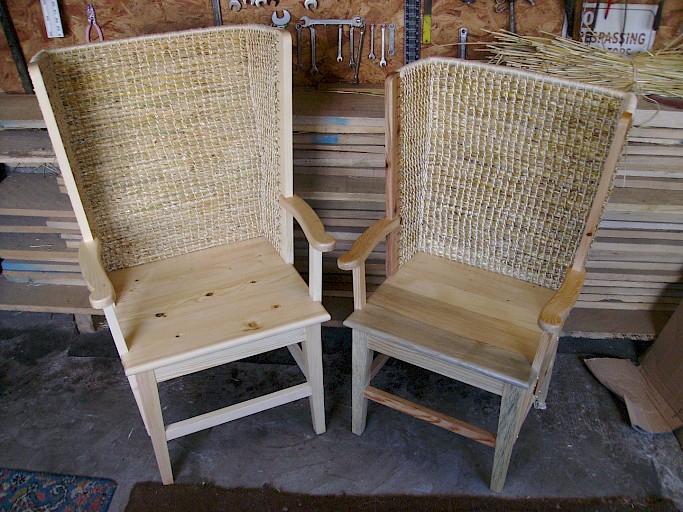 Gents Orkney Chair in Driftwood £1430; Ladies Orkney Chair in Driftwood with the sea stains showing £1380