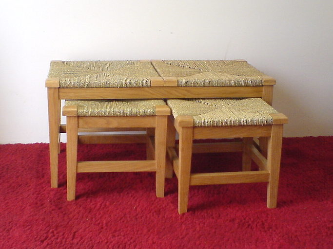 Double Orkney stool with accompanying traditional Orkney stools with sea grass seats in Ash £645